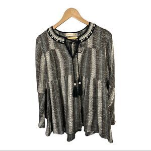 ALTAR’D STATE Women’s Woven Beaded Tassel Front Boho Tunic Top Black Size Small